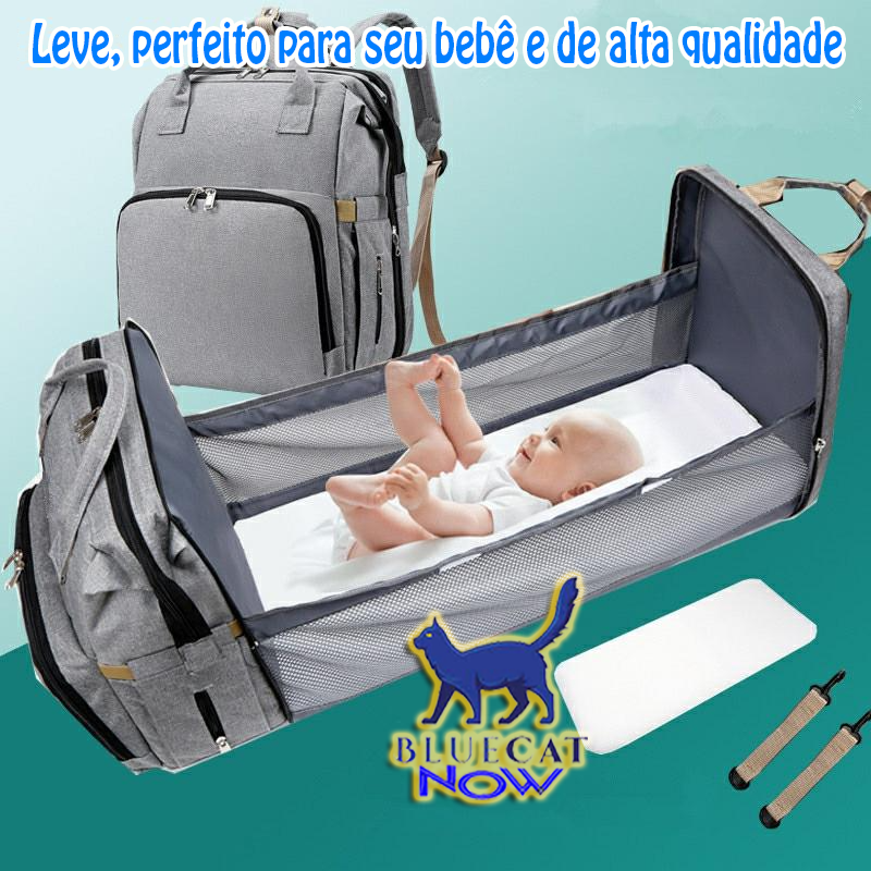 Mochila impermeável com berço e grande capacidade para fraldas e mamadeiras.