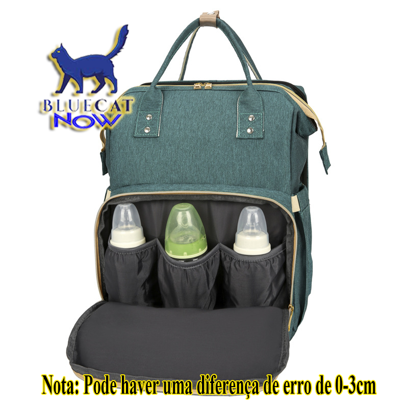 Mochila impermeável com berço e grande capacidade para fraldas e mamadeiras.