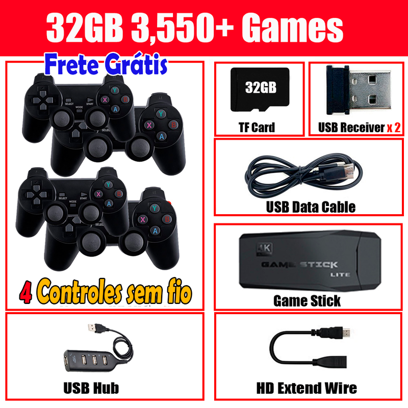 4K de Imagem e 10.000 mil jogos retrô, com 2 controles sem fio, compatível com jogos dos consoles PS1/ARCADE/SEGA/SNES/NINTENDO