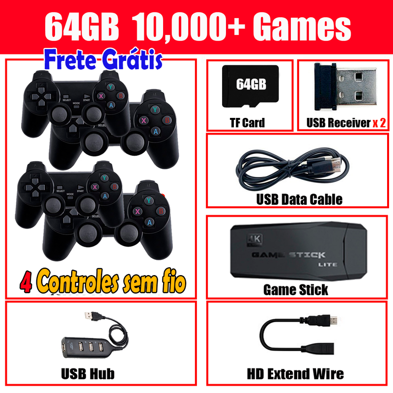 4K de Imagem e 10.000 mil jogos retrô, com 2 controles sem fio, compatível com jogos dos consoles PS1/ARCADE/SEGA/SNES/NINTENDO